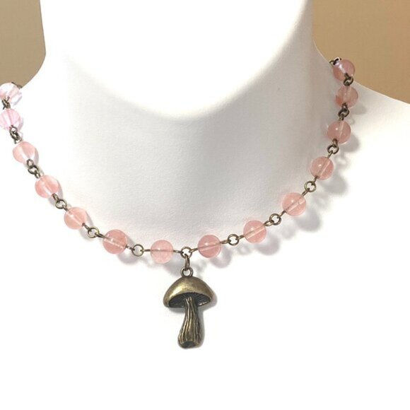 Cute Cherry Quartz Bronze Slim Mushroom Pendant Adjustable Choker - Picture 2 of 16